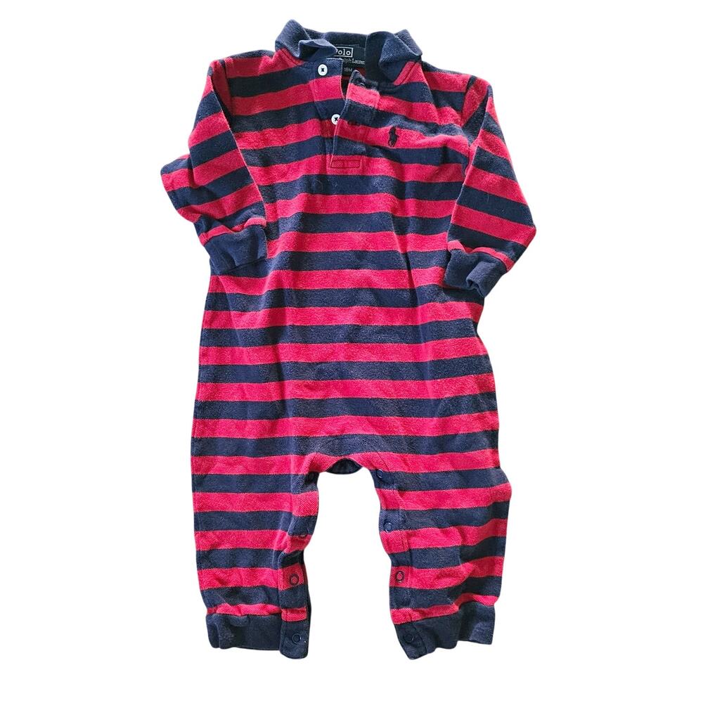 Polo Ralph Lauren Baby Boy Red Navy Striped Long Sleeve Coverall One-Piece 18M
